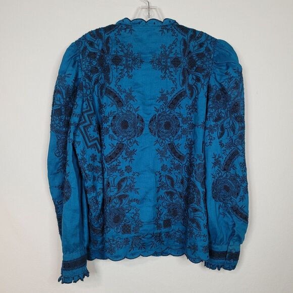 Sundance Rosetti Lace Teal Embroidered Womens L Button Up Top Victorian Romantic - Picture 4 of 13